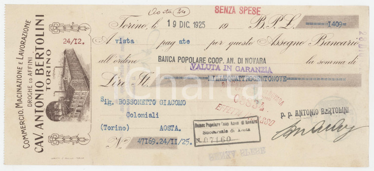 1925 TORINO Antonio BERTOLINI Droghe ed Affini - Assegno bancario pubblicitario