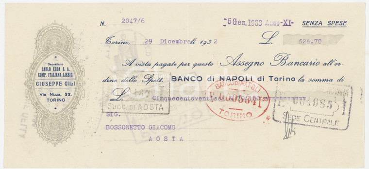 1932 TORINO Giuseppe GILI Depositario ERBA - Assegno bancario pubblicitario