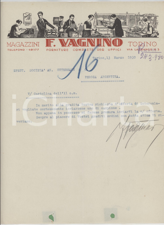 1930 TORINO via Lagrange 3 - F. VAGNINO Forniture per uffici - Lettera