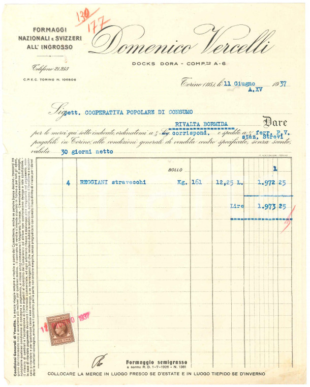 1937 TORINO Docks Dora Domenico VERCELLI Formaggi nazionali e svizzeri - Fattura