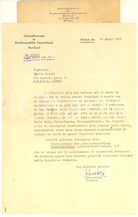 1958 MILANO Lettera Helene SCHOETTLE console Bundesrepublik Deutschland