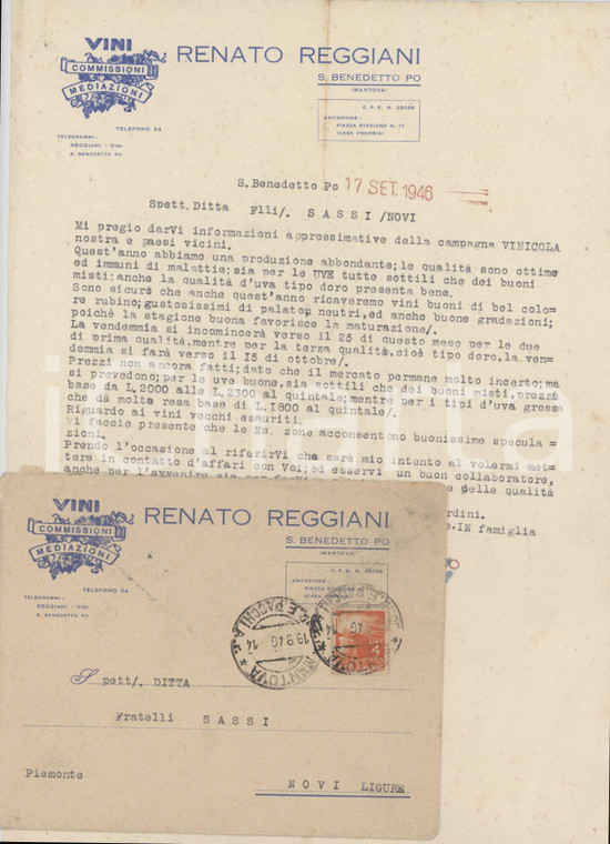 1946 SAN BENEDETTO PO (MN) Renato REGGIANI Vini - Lettera commerciale