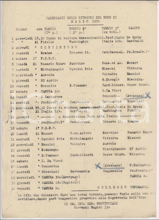 1950 ITALIA MASSONERIA Calendario riunioni di una loggia massonica