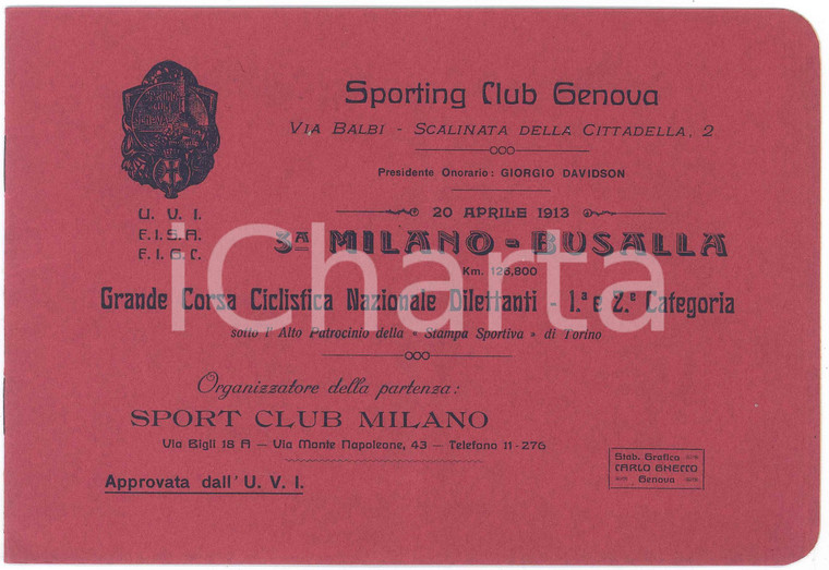 1913 SPORTING CLUB GENOVA - CICLISMO - Corsa Dilettanti MILANO-BUSALLA Programma