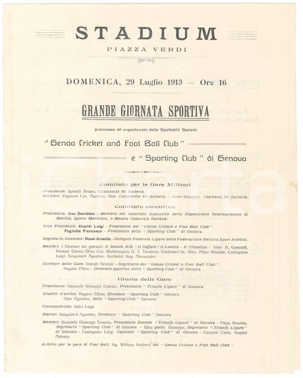 1913 GENOVA Stadium - Grande Giornata Sportiva - Programma gare podistiche