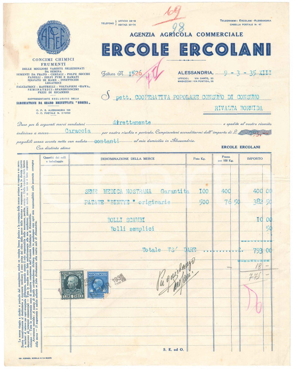 1935 ALESSANDRIA - Ercole ERCOLANI Agenzia Agricola Commerciale - Fattura