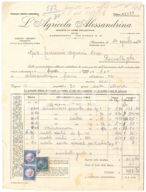 1933 ALESSANDRIA Via Parma 10-13 L'Agricola Alessandrina - Fattura commerciale