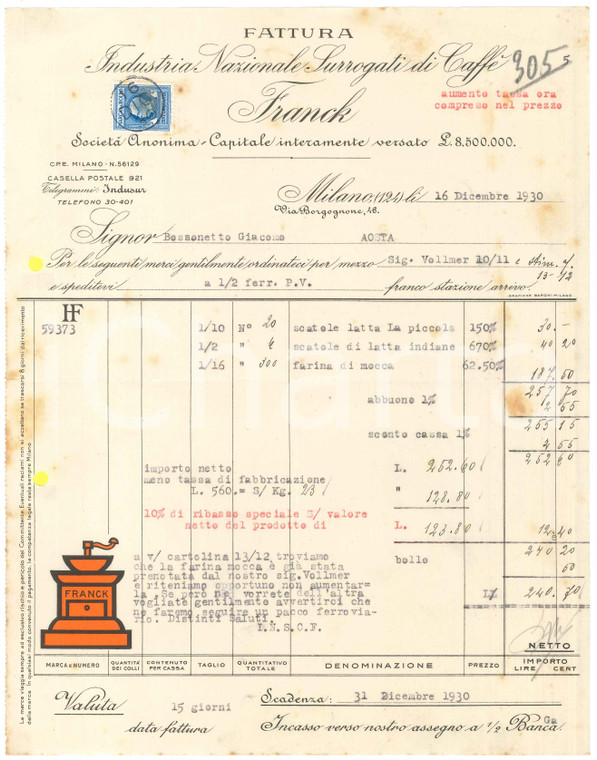 1930 MILANO Via Borgognone 46 - FRANCK Industria Surrogati di Caffè *Fattura (2)