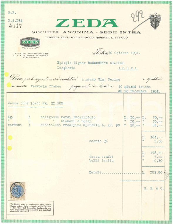 1931 VERBANIA INTRA - Società Anonima ZEDA Industria dolciaria - Fattura (2)