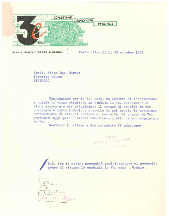 1956 PORTO D'ASCOLI (AP) - 3e Conserve alimentari vegetali - Lettera commerciale