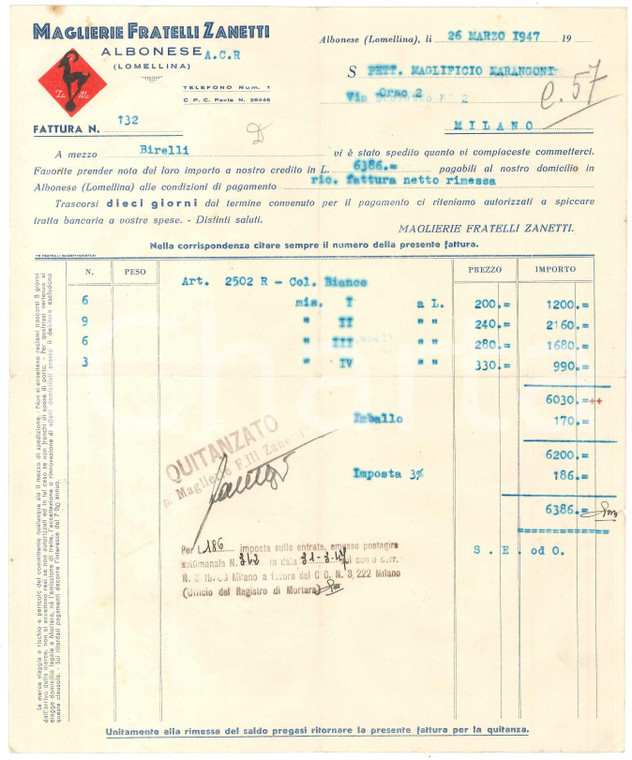 1947 ALBONESE (PV) - Fratelli ZANETTI Maglierie - Fattura commerciale (1)