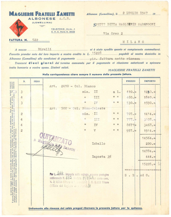 1947 ALBONESE (PV) - Fratelli ZANETTI Maglierie - Fattura commerciale (2)