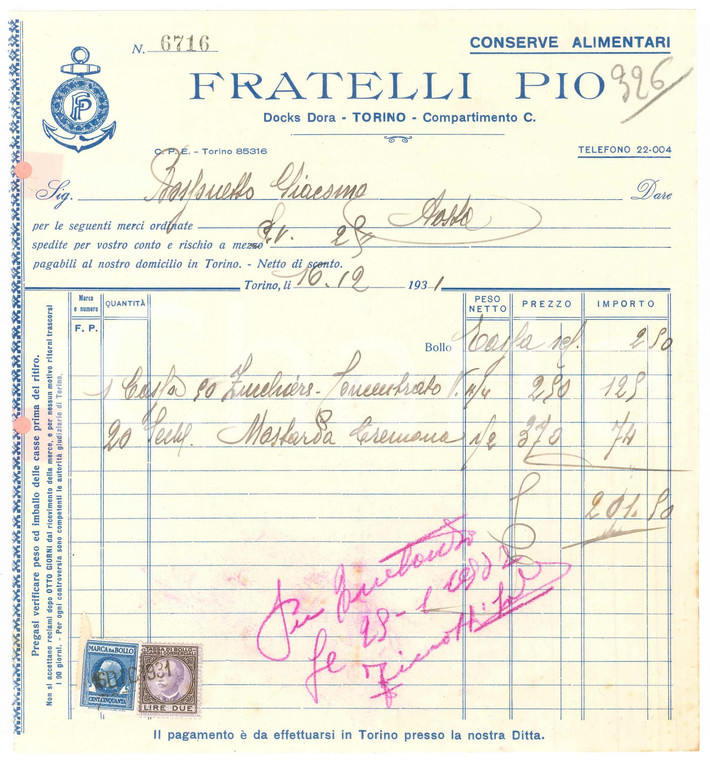 1931 TORINO Docks Dora - Fratelli PIO Conserve alimentari - Fattura (4)