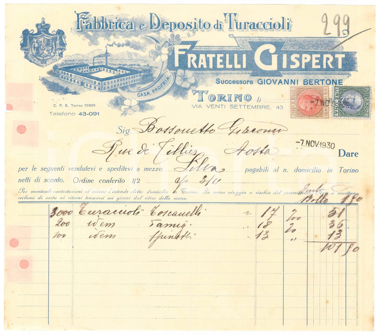 1930 TORINO Via XX Settembre 43 - Fratelli GISPERT Fabbrica turaccioli - Fattura