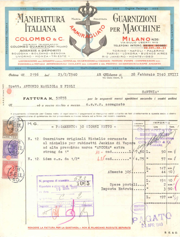 1940 MILANO Via Giulio Uberti - COLOMBO & C. Guarnizioni per macchine - Fattura