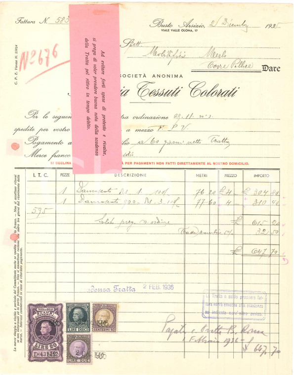 1935 BUSTO ARSIZIO (VA) - Società Anonima Industria Tessuti Colorati - Fattura