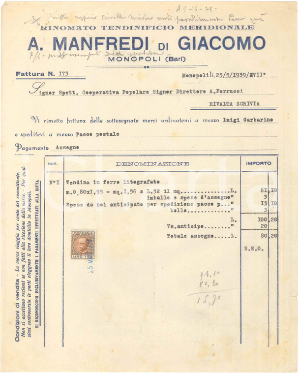 1939 MONOPOLI (BA) A. MANFREDI di Giacomo - Tendificio meridionale - Fattura