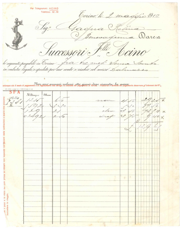 1910 TORINO - Successori F.lli ACINO Tessuti - Fattura commerciale