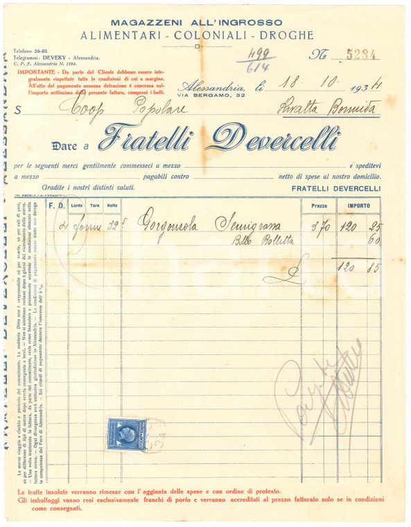 1934 ALESSANDRIA Via Bergamo 32 Fratelli DEVERCELLI Alimentari Droghe - Fattura