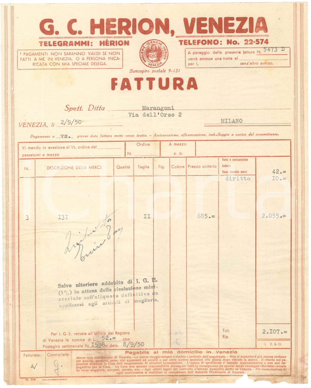 1950 VENEZIA - G. C. HERION Maglierie igieniche - Fattura commerciale Fattura commerciale d'epoca dattiloscritta, su carta intestata.PAGINE: 1  POOR/danneggiato piegature d'epoca; lievi fioriture; piccoli strappi e macchie al lato inferiore Formato: 22x28 cm originale e autentica 1