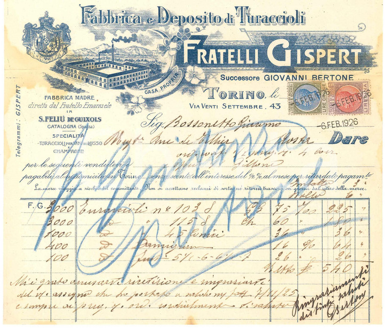 1926 TORINO Via XX Settembre 43 - Fratelli GISPERT Fabbrica turaccioli - Fattura