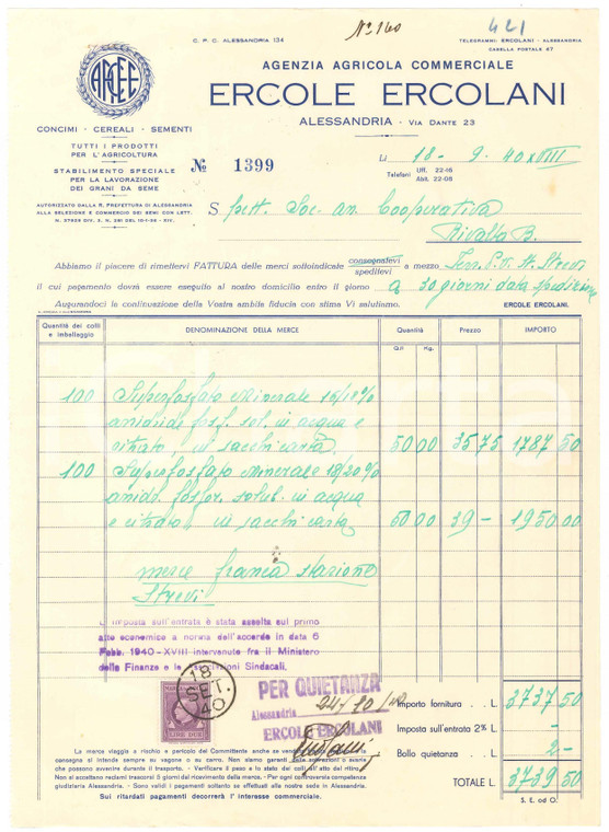 1940 ALESSANDRIA - Ercole ERCOLANI Agenzia Agricola Commerciale - Fattura