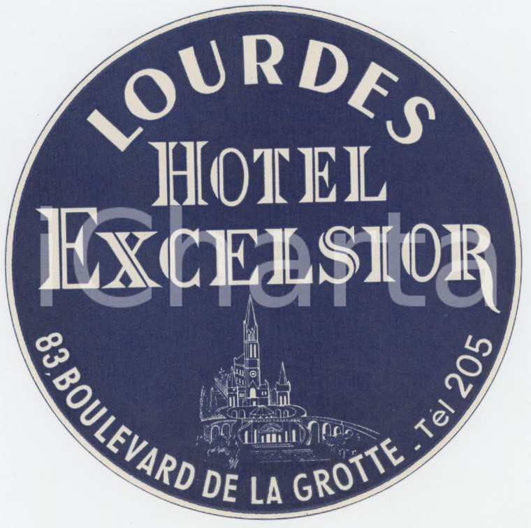 1950 ca LOURDES Hotel Excelsior - Etichetta ILLUSTRATA 10x10 cm