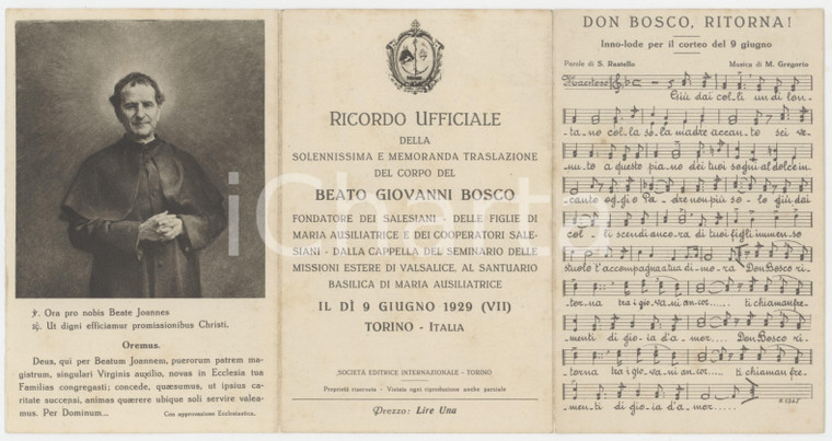 1929 TORINO - Beato Giovanni BOSCO -  Ricordo traslazione del corpo *Pieghevole