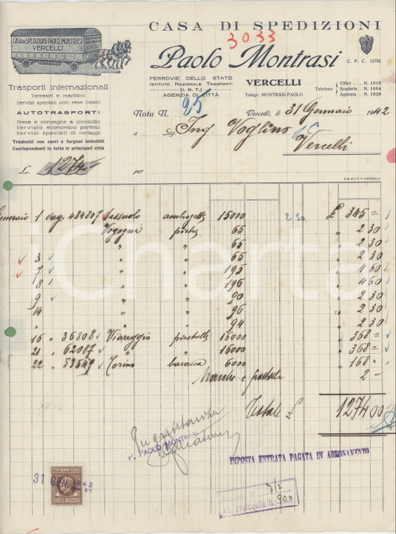 1942 VERCELLI - Paolo MONTRASI Casa di spedizioni - Fattura commerciale (2)