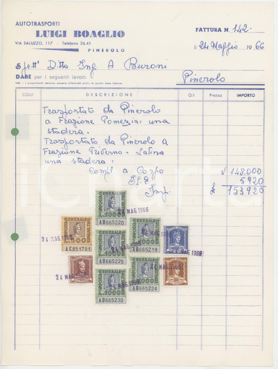 1966 PINEROLO (TO) - Luigi BOAGLIO Autotrasporti - Fattura commerciale (1)