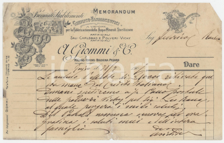 1907 TORINO Ditta A. GIOMMI Stabilimenti Chimico-Farmaceutici *Memorandum