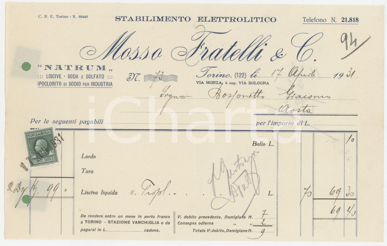 1931 TORINO Via Monza 4 MOSSO Fratelli & C. Stabilimento elettrolitico - Fattura