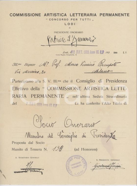 1931 LODI Nomina Marco Vinicio RECUPITO socio Commissione Artistica Permanente