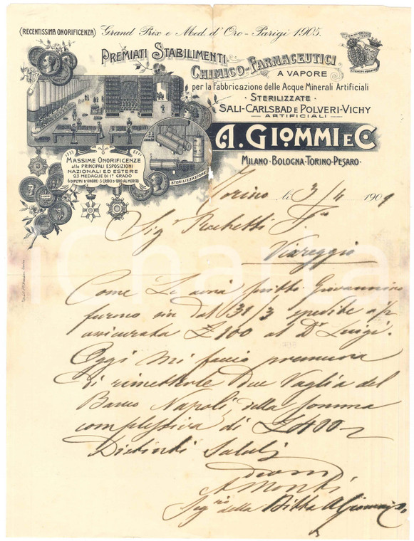 1909 TORINO Ditta A. GIOMMI Stabilimenti Chimico-Farmaceutici *Lettera