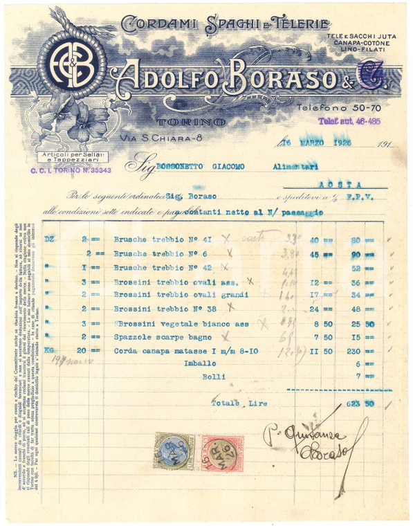 1926 TORINO Via S. Chiara 8 - Adolfo BORASO Cordami Spaghi e Telerie - Fattura