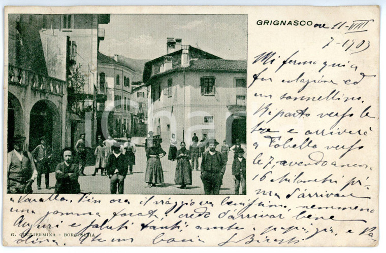 1903 GRIGNASCO (NO) Veduta di piazza Vittorio CACCIAMI - Cartolina ANIMATA FP VG