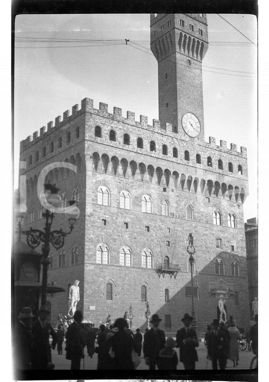 6x9cm NEGATIVO ORIGINALE * 1921 FIRENZE Passeggio davanti a Palazzo Vecchio