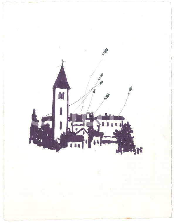 1975 Area di PADOVA - Achille GAMBERINI - Veduta di paese *Disegno DANNEGGIATO