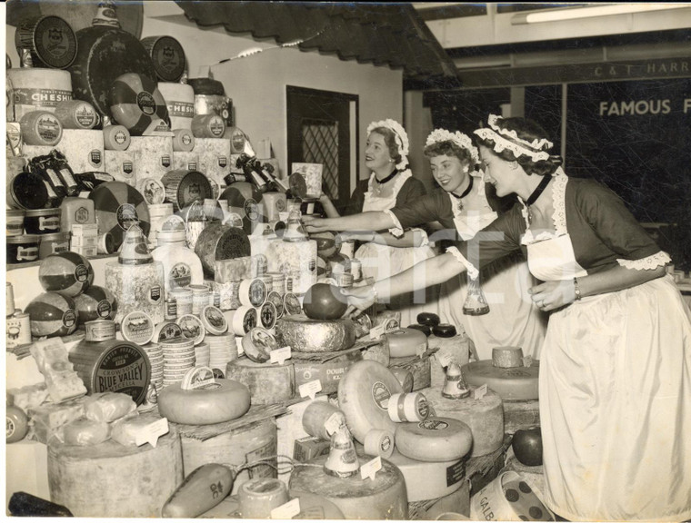 1956 LONDON British Food Fair - Cheeses from the world arranged by girls *Photo