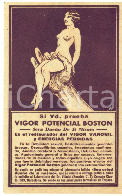 1930 ca ESPAÑA - VIGOR POTENCIAL BOSTON Debilidad sexual *Tarjeta postal