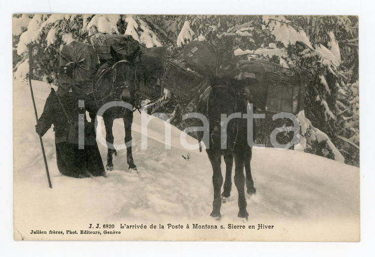 1908 CRANS-MONTANA (SUISSE) Arrivée de la Poste en hiver *Carte postale mules  Cartolina postale d'epoca, viaggiata.CONDIZIONI: G (ma minima piegatura angolare)FORMATO: FP    originale e autentica 1