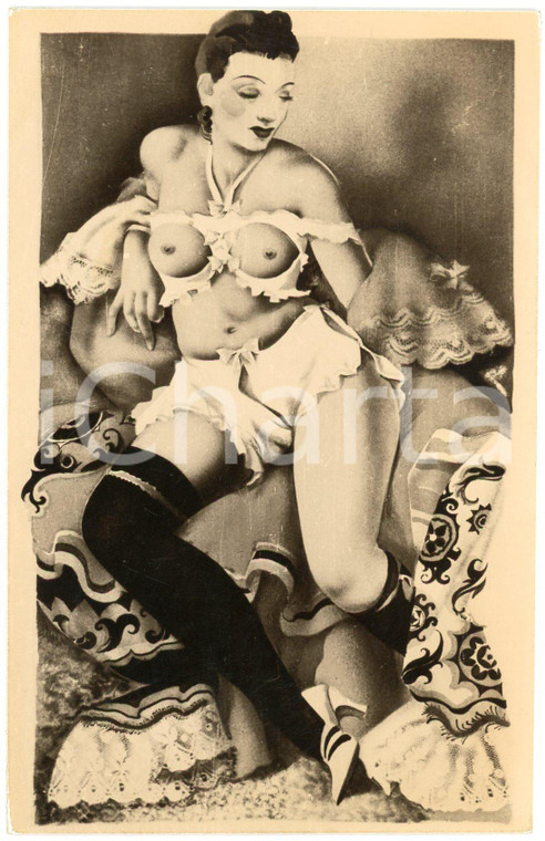 1930 ca VINTAGE EROTIC Artist E.KLEM Woman in lingerie - Postcard topless risque