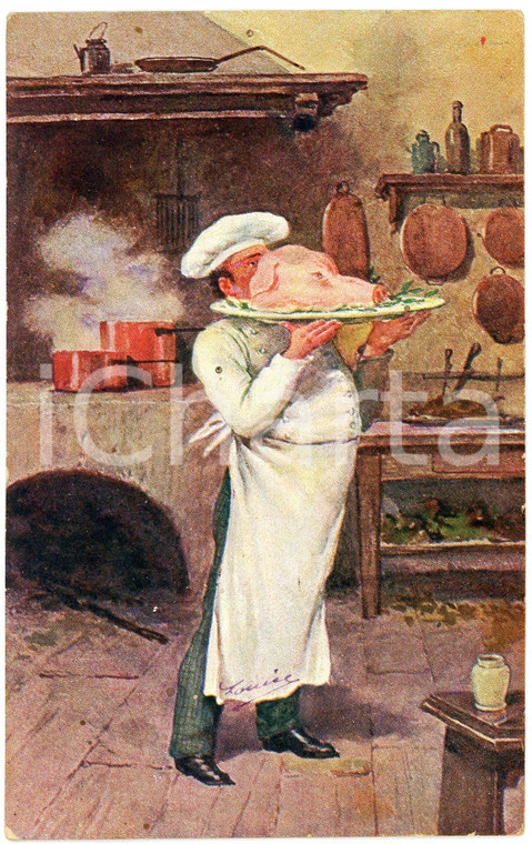 1905 HUMOUR Chef plating cooked pig head ILLUSTRATED Postcard FP VG