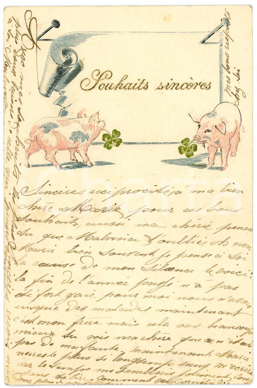 1905 - Souhaits sincères - Pigs with four-leaf clover - Embossed French postcard  Cartolina postale d'epoca, viaggiata, in rilievo.CONDIZIONI: G (minime smussature angolari)FORMATO: FP    originale e autentica 1