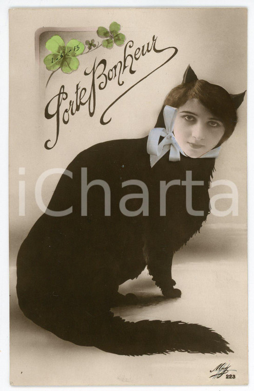 1913 PORTE BONHEUR Chat avec tête de femme - Carte postale FP VG