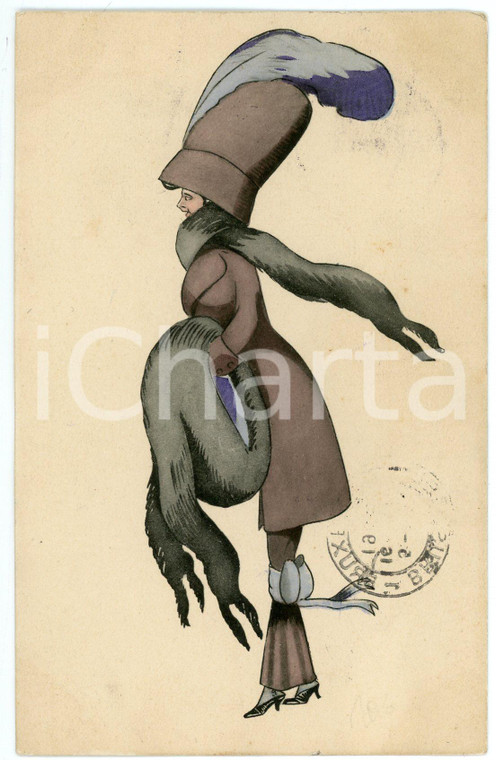 1911 ART NOUVEAU Winter FASHION - Lady with fur muff (2) Illustrated postcard