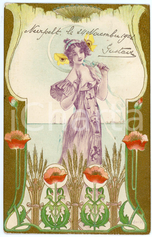 1902 ART NOUVEAU Lady with poppies - Illustrated embossed golden postcard