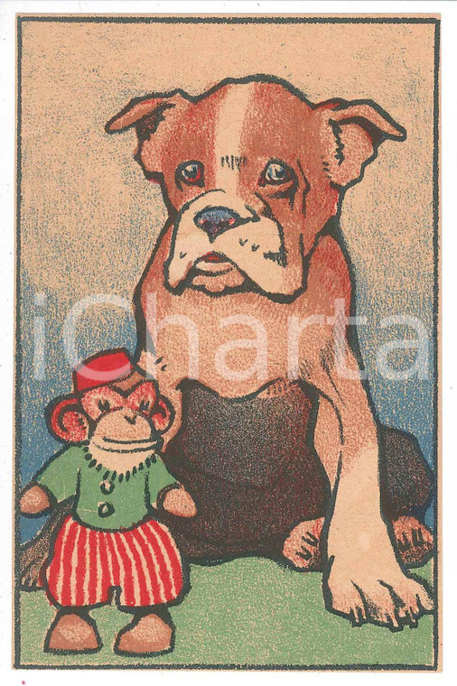 1910 ca ANIMALS Dog with monkey toy ILLUSTRATED Postcard FP NV