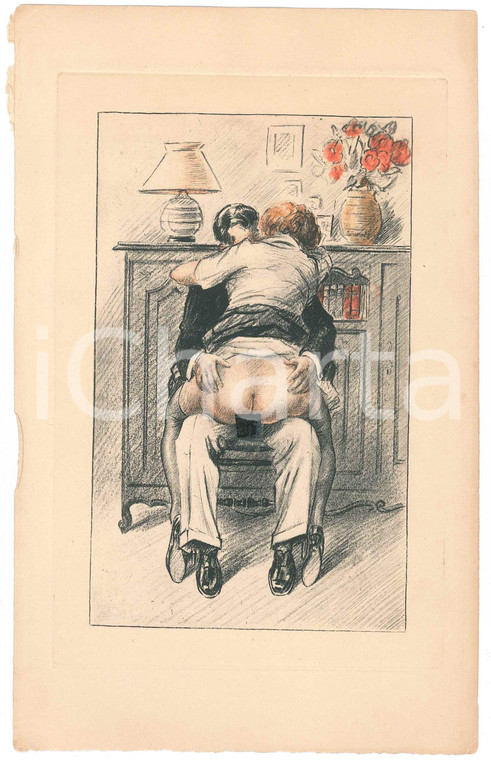 1940 ca VINTAGE EROTIC FRANCE Sex in the living room *Engraving 14x22 cm