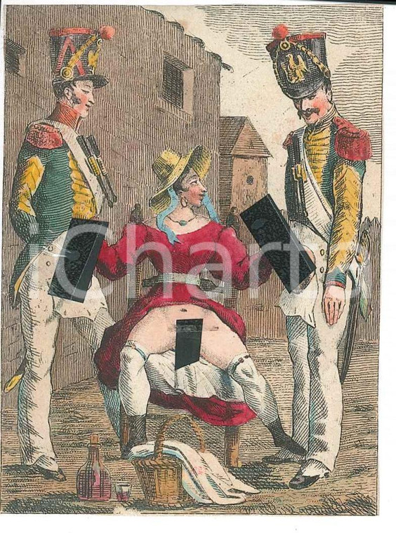 1800 ca VINTAGE EROTIC Woman with two soldiers *Watercolor engraving 6x8 cm